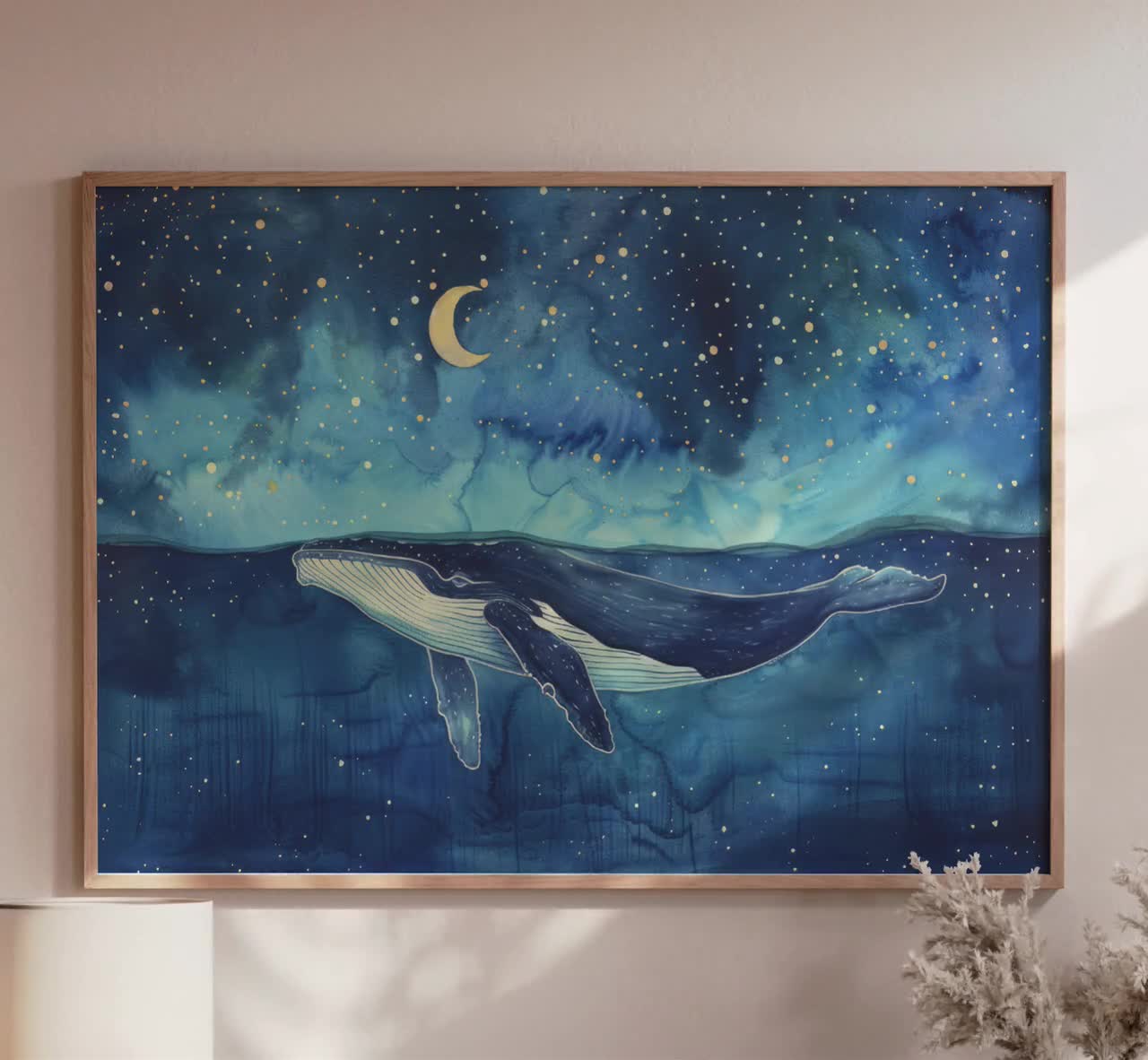 月下のクジラの水彩画 | クジラのプリント | クジラとボート | クジラ